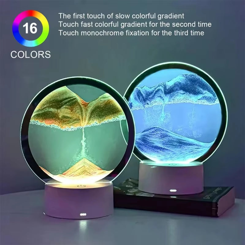 Bedroom Display Moving Sand Art Picture round Glass Sand Painting Led Light 3D Sandscape Hourglass for Christmas Party