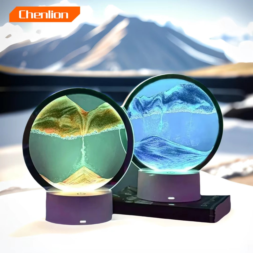 Bedroom Display Moving Sand Art Picture round Glass Sand Painting Led Light 3D Sandscape Hourglass for Christmas Party