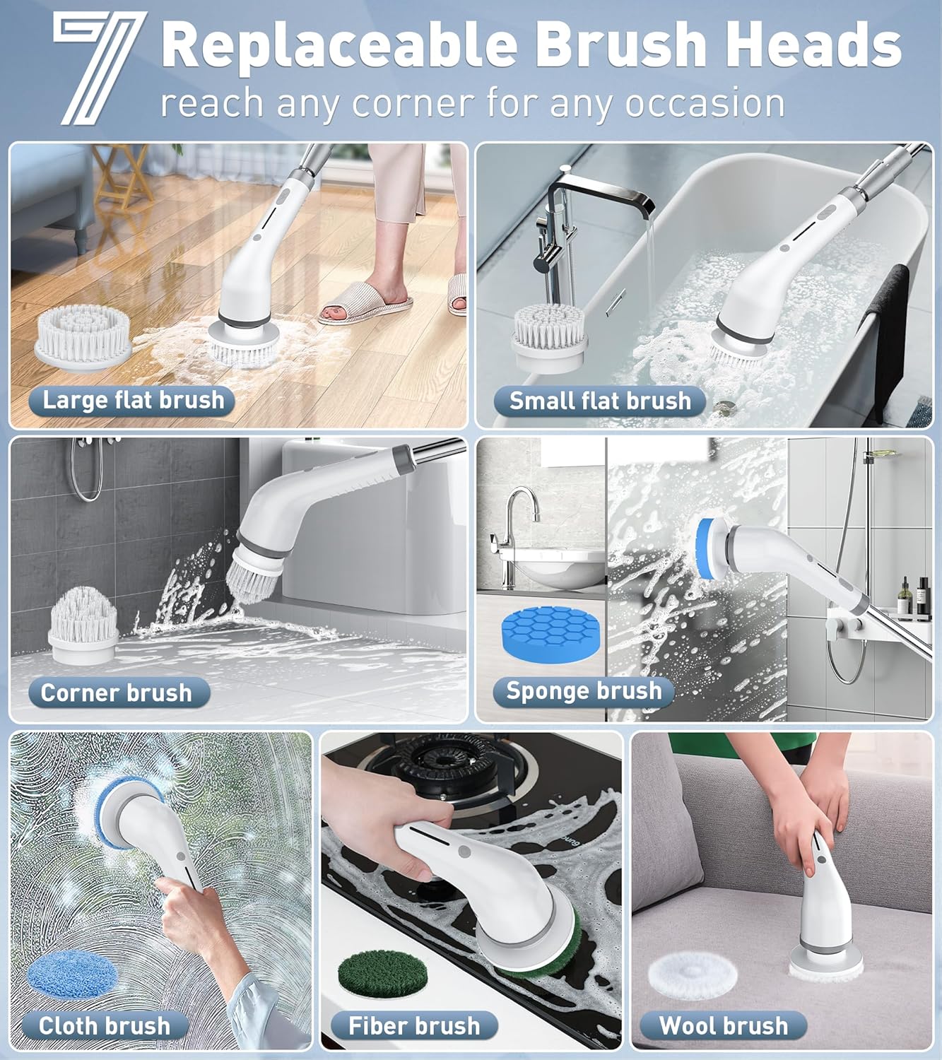 Electric Spin Scrubber Shower Scrubber Power Cleaning Brush, 7 Brush Heads 2 Powerful High Speeds 90 Min Runtime Waterproof Scrubber Brush for Bathroom Bathtub Floor Tile Sink