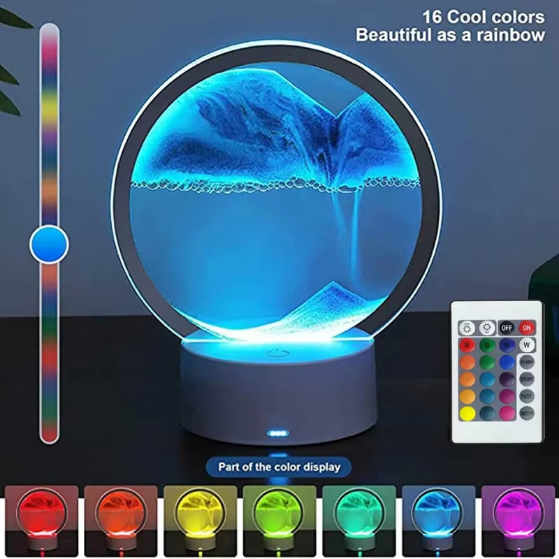 Bedroom Display Moving Sand Art Picture round Glass Sand Painting Led Light 3D Sandscape Hourglass for Christmas Party