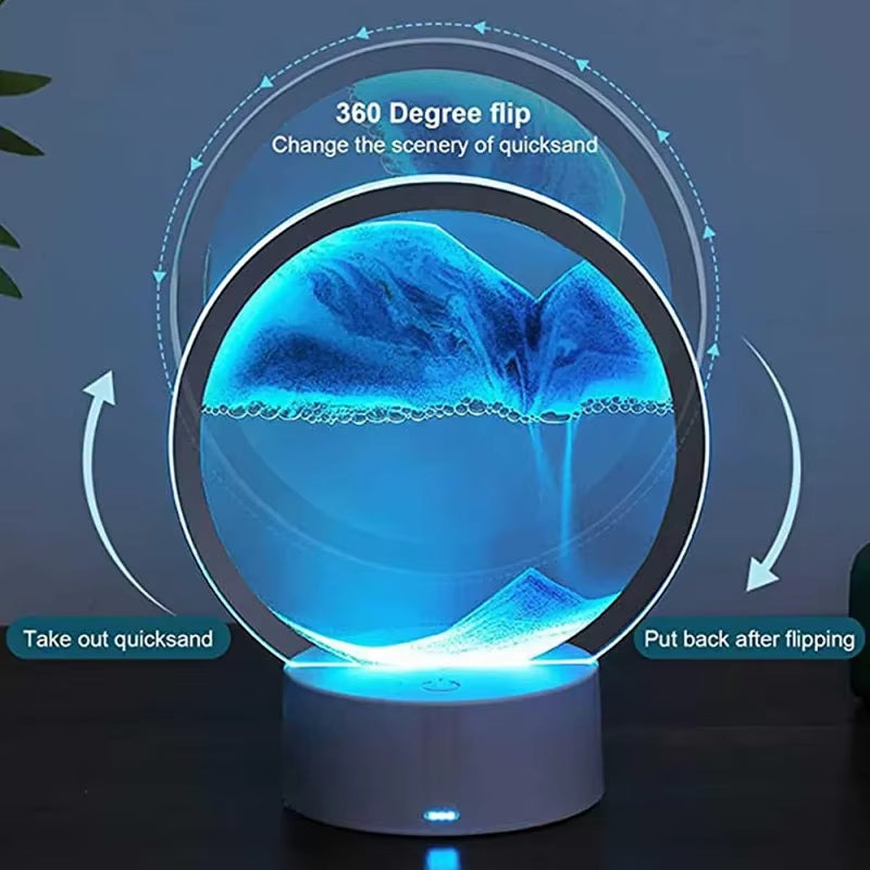 Bedroom Display Moving Sand Art Picture round Glass Sand Painting Led Light 3D Sandscape Hourglass for Christmas Party